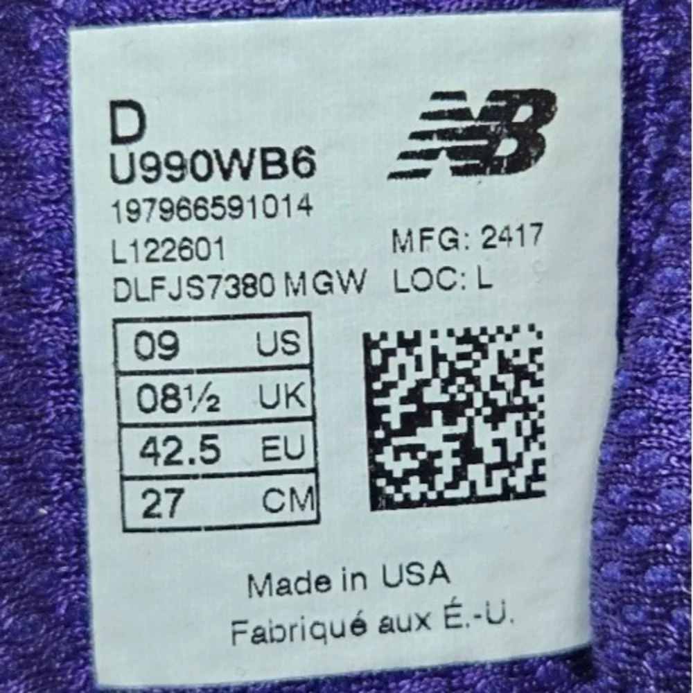 New Balance 990 V6 Sneakers Made In USA U990WB6 White Black Purple Men‎ Size 9